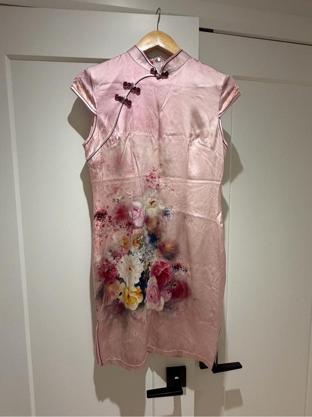 Pink Floral Silk Qipao Midi Dress